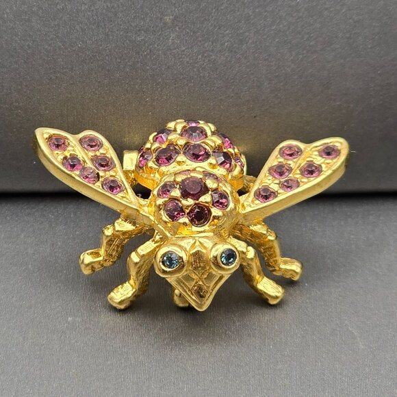 VTG Joan Rivers Bee Brooch 1.25" Purple Rhinestones Blue Eyes Gold-Plated Signed - Picture 3 of 9